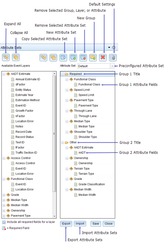 Attribute sets in the Roadway Characteristics Editor Attribute sets in the Roadway Characteristics Editor